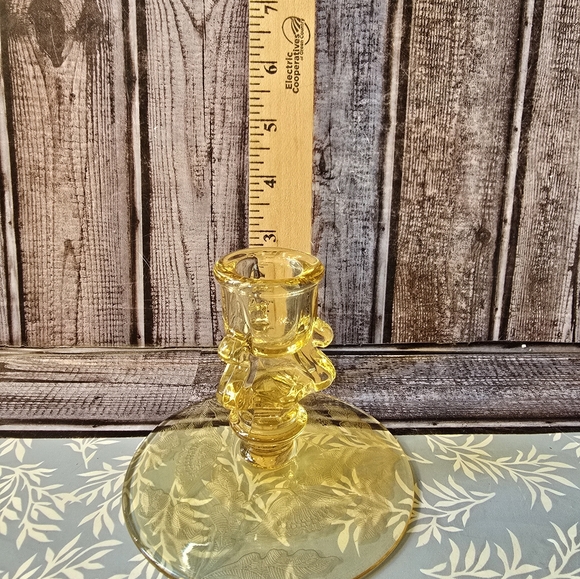 Pair of Vintage Yellow Depression Glass Etched Floral Candle Candlestick Holders - Picture 7 of 8